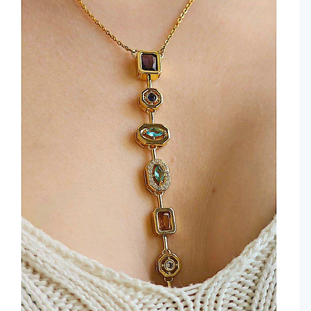 Gold Plated Stainless Steel Multicolor Zircon Tier Necklace Statement - Picture 6 of 17